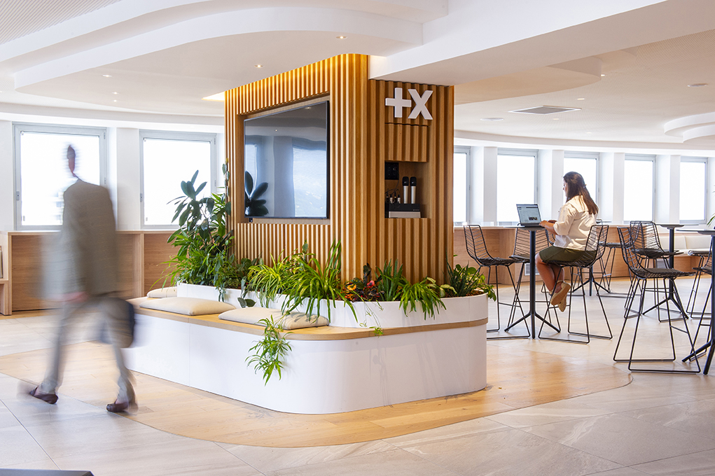 jardinière intérieure avec des plantes artificielles au rendu très naturel dans un large espace d'accueil d'une banque à Lyon